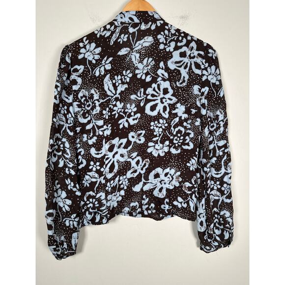 Tyler Boe Size 8 Button Up Brown Blue Floral Womens 100% Silk Blouse - Picture 6 of 11